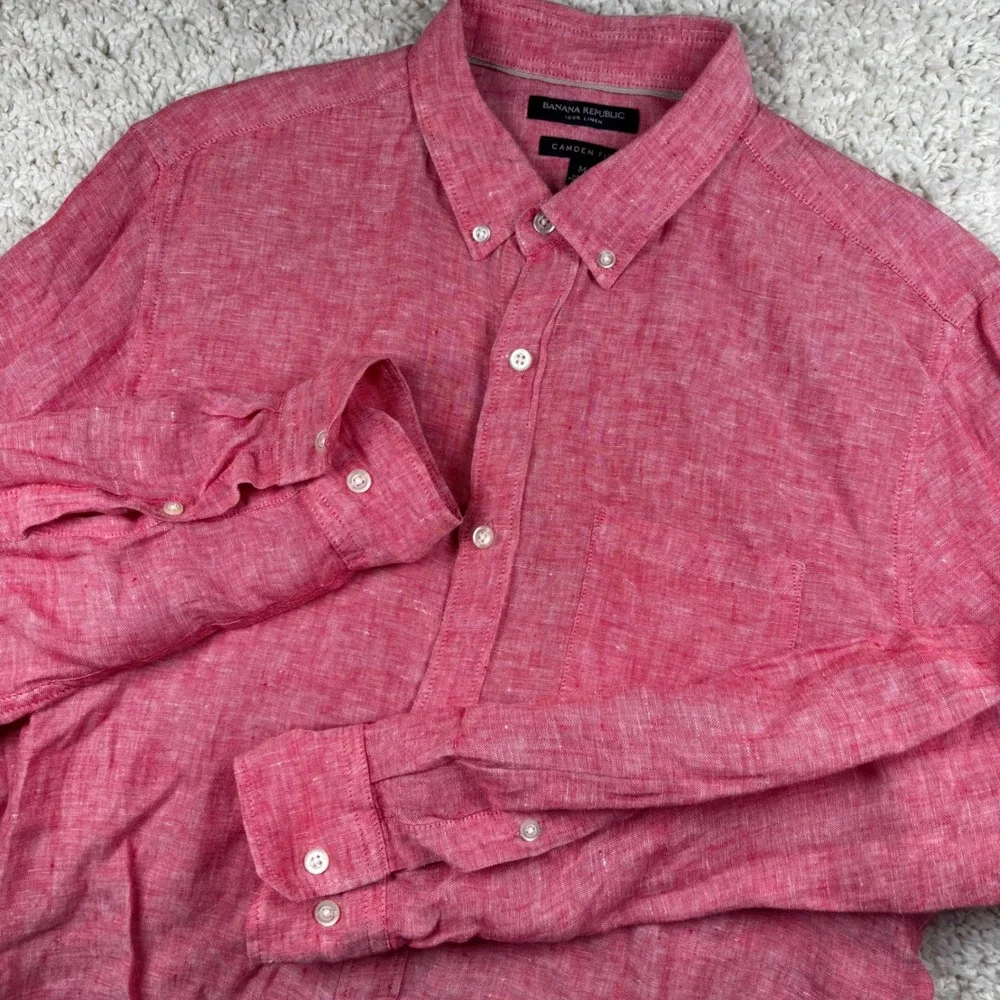 Banana Republic Mens Button Down Shirt M Pink Linen Camden Fit LS Summer Casual